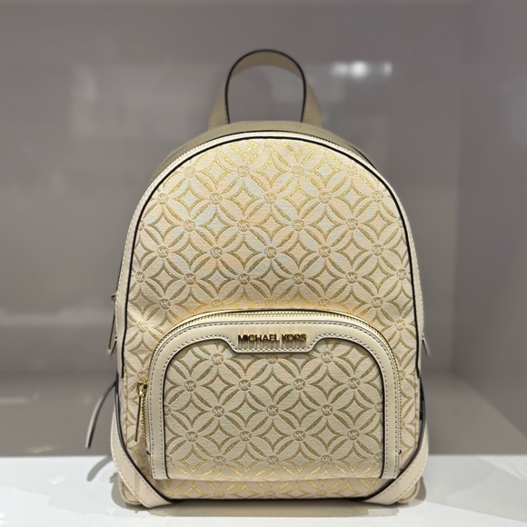 Michael Kors Jaycee Medium Backpack MK Graphic Logo Glitter Gold/Light Cream - Picture 1 of 13